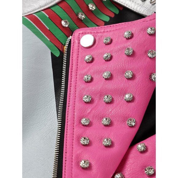 Women's faux leather Motorcycle Multicolor Jacket Zip up stand with Pockets - Picture 4 of 5